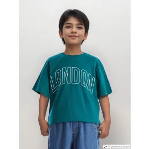 LCW Kids Yeşil Bisiklet Yaka Baskılı Kısa Kollu Erkek Çocuk Tişört