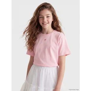 LCW Kids Pembe Bisiklet Yaka Nakış Detaylı Kız Çocuk Tişört