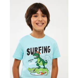 LCW Kids Turkuaz Bisiklet Yaka Baskılı Kısa Kollu Erkek Çocuk Tişört