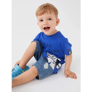LCW baby Mavi Bisiklet Yaka Kısa Kollu Nostaljik Maymun Baskılı Erkek Bebek Tişört