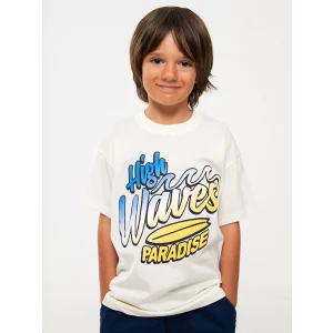 LCW Kids Ekru Rahat Kalıp Bisiklet Yaka Baskılı Erkek Çocuk Tişört