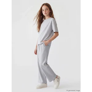 LCW Kids Gri Bisiklet Yaka Kız Çocuk Tişört ve Eşofman Altı