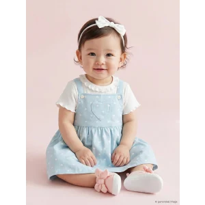 LCW baby Mavi Kalp Desenli Kız Bebek Gabardin Elbise ve Tişört