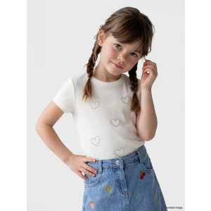 LCW Kids Beyaz Taşlı Kalp Desenli Kız Çocuk Fitilli Tişört