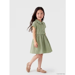 LCW Kids Yeşil Gömlek Yaka Kız Çocuk Poplin Elbise ve Kemer