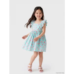 LCW Kids Yeşil Kare Yaka Desenli Kız Çocuk Elbise