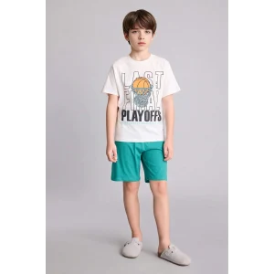 Defacto G8830A8ER105 Ekru Regular Fıt Baskılı 2li Şort Tişört Pijama Takımı Erkek Çocuk