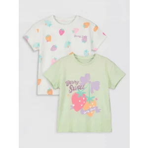 LCW Kids Yeşil Bisiklet Yaka Baskılı Kız Çocuk Tişört 2li