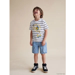 LCW Kids Beyaz Çizgili Minions Baskılı Erkek Çocuk Tişört