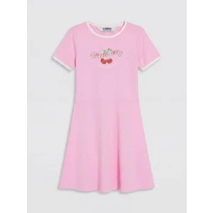 LCW Kids Pembe Bisiklet Yaka Baskılı Kız Çocuk Elbise