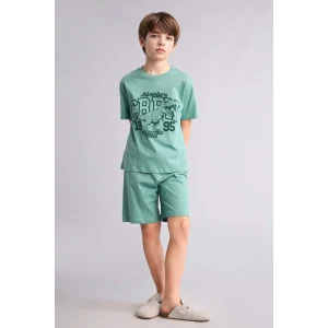 Defacto G8829A8GN1095 Yeşil %100 Pamuk Regular Fıt Baskılı 2li Pijama Takımı Erkek Çocuk