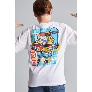 Defacto H8259A8WT34 Beyaz %100 Pamuk SpongeBob Sırt Baskılı Oversıze Bisiklet Yaka Kısa Kollu Tişört Erkek Çocuk