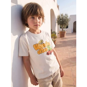 LCW Kids Bej Bisiklet Yaka Baskılı Erkek Çocuk Tişört