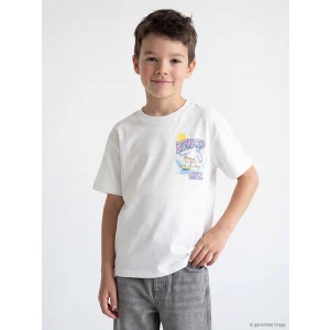 LCW Kids Beyaz Bisiklet Yaka Baskılı Erkek Çocuk Tişört