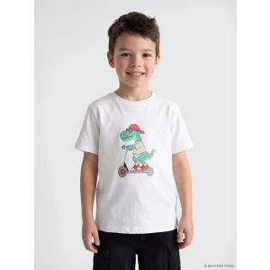 LCW Kids Beyaz Bisiklet Yaka Baskılı Erkek Çocuk Tişört