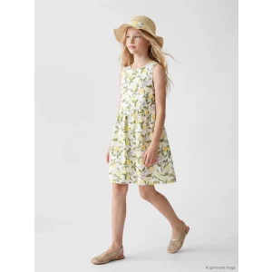 LCW Kids Ekru Bisiklet Yaka Baskılı Kız Çocuk Poplin Elbise