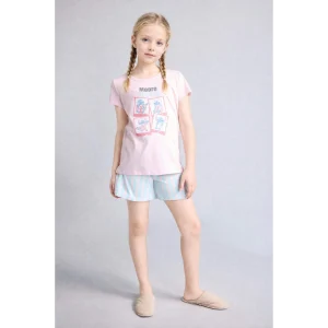 Defacto H8491A8PN645 Pembe %100 Pamuk Dısney Lılo & Stıtch Relax Fıt Şort Tişört 2li Pijama Takımı Kız Çocuk