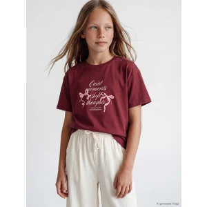 LCW Kids Bordo Bisiklet Yaka Baskılı Kız Çocuk Tişört