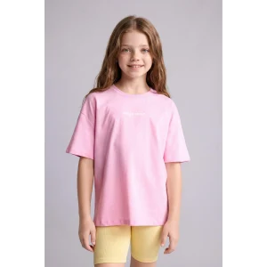 Defacto H6138A8PN666 Pembe Bisiklet Yaka Baskılı Kısa Kollu Pembe Tişört Kız Çocuk