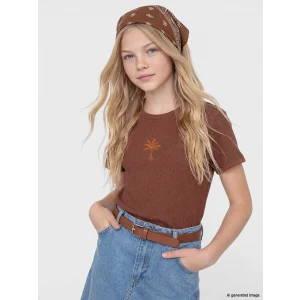 LCW Kids Kahverengi Bisiklet Yaka Nakışlı Kız Çocuk Tişört