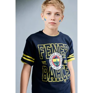 Defacto H7868A8IN42 İndigo %100 Pamuk Fenerbahçe New Regular Fıt Bisiklet Yaka Kısa Kollu Siyah Tişört Erkek Çocuk
