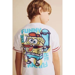 Defacto H8259A8WT34 Beyaz %100 Pamuk SpongeBob Sırt Baskılı Oversıze Bisiklet Yaka Kısa Kollu Tişört Erkek Çocuk