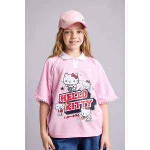 Defacto H4843A8PN693 Pembe Hello Kitty Lisanslı Relax Fıt Polo Yaka Kısa Kollu Açık Pembe Tişört Kız Çocuk