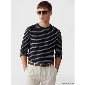LCW Vision Lacivert Bisiklet Yaka Çizgili Erkek Sweatshirt