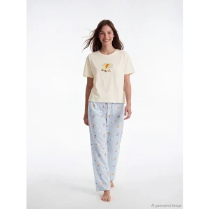 LCW DREAM Ekru Bisiklet Yaka Desenli Kadın Pijama Takım