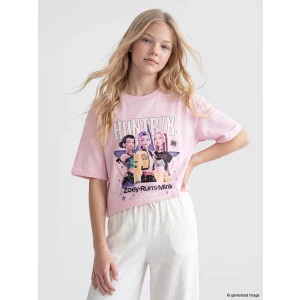 LCW Kids Pembe Bisiklet Yaka Huntrix Baskılı Kız Çocuk Tişört