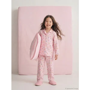 LCW Kids Pembe Gömlek Yaka Kalp Baskılı Kız Çocuk Pijama Takım