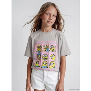 LCW Kids Gri Bisiklet Yaka Minions Baskılı Kız Çocuk Tişört