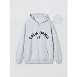 LCW Kids Gri Kapüşonlu Baskılı Kız Çocuk Fermuarlı Sweatshirt
