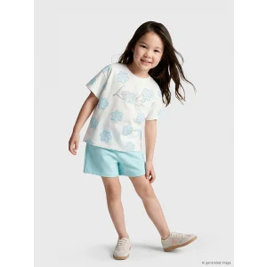 LCW Kids Ekru Simli Çiçekli Kız Çocuk Şortlu Takım