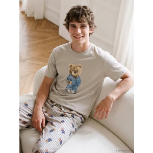 LC WAIKIKI Bej Regular Fit Teddy Baskılı Erkek Pijama Takım