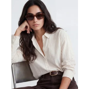 LCW Vision Bej Çizgili Oversize Kadın Gömlek