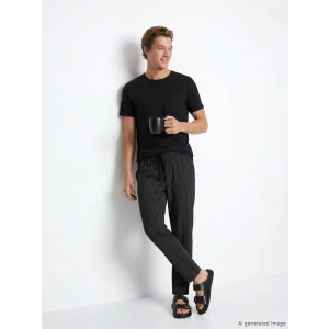 LC WAIKIKI Siyah Bisiklet Yaka Çizgili Erkek Pijama Takım
