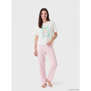 LCW Young Pembe Bisiklet Yaka Baskılı Kadın Pijama Takımı