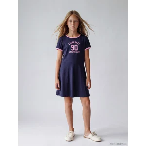 LCW Kids Lacivert Bisiklet Yaka Baskılı Kız Çocuk Elbise