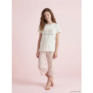 LCW Kids Ekru Baskılı Kız Çocuk Kaprili Pijama Takımı