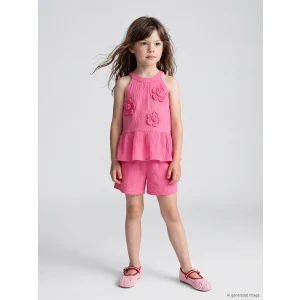 LCW Kids Pembe Çiçek Aplikeli Kız Çocuk Krinkle Takım