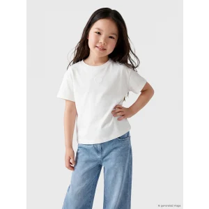 LCW Kids Beyaz Bisiklet Yaka Nakışlı Kız Çocuk Tişört