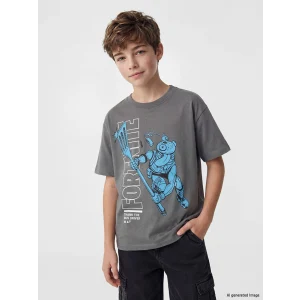LCW Kids Gri Bisiklet Yaka Baskılı Erkek Çocuk Tişört