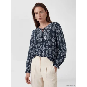 LCW Grace Lacivert Bağlamalı Yaka Desenli Bluz