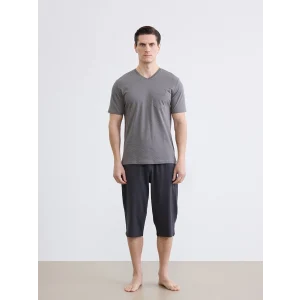 LC WAIKIKI Gri V Yaka Baskılı Erkek Şortlu Pijama Takımı