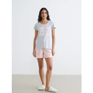 LCW DREAM Pembe Bisiklet Yaka Baskılı Kadın Şortlu Pijama Takımı