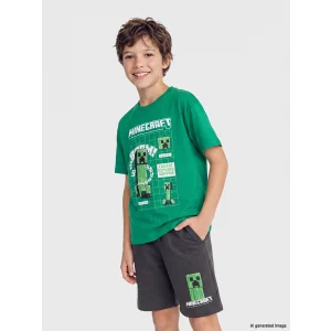 LCW Kids Yeşil Bisiklet Yaka Minecraft Baskılı Erkek Çocuk Tişört