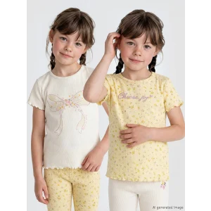 LCW Kids Ekru Bisiklet Yaka Baskılı Kız Çocuk 2li Tişört