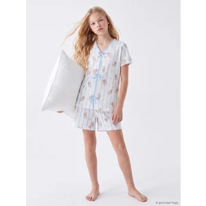 LCW Kids Ekru Fiyonk Detaylı Kız Çocuk Şortlu Pijama Takımı