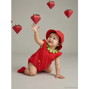 LCW baby Kırmızı Çilek Desenli Kız Bebek Tulum ve Şapka